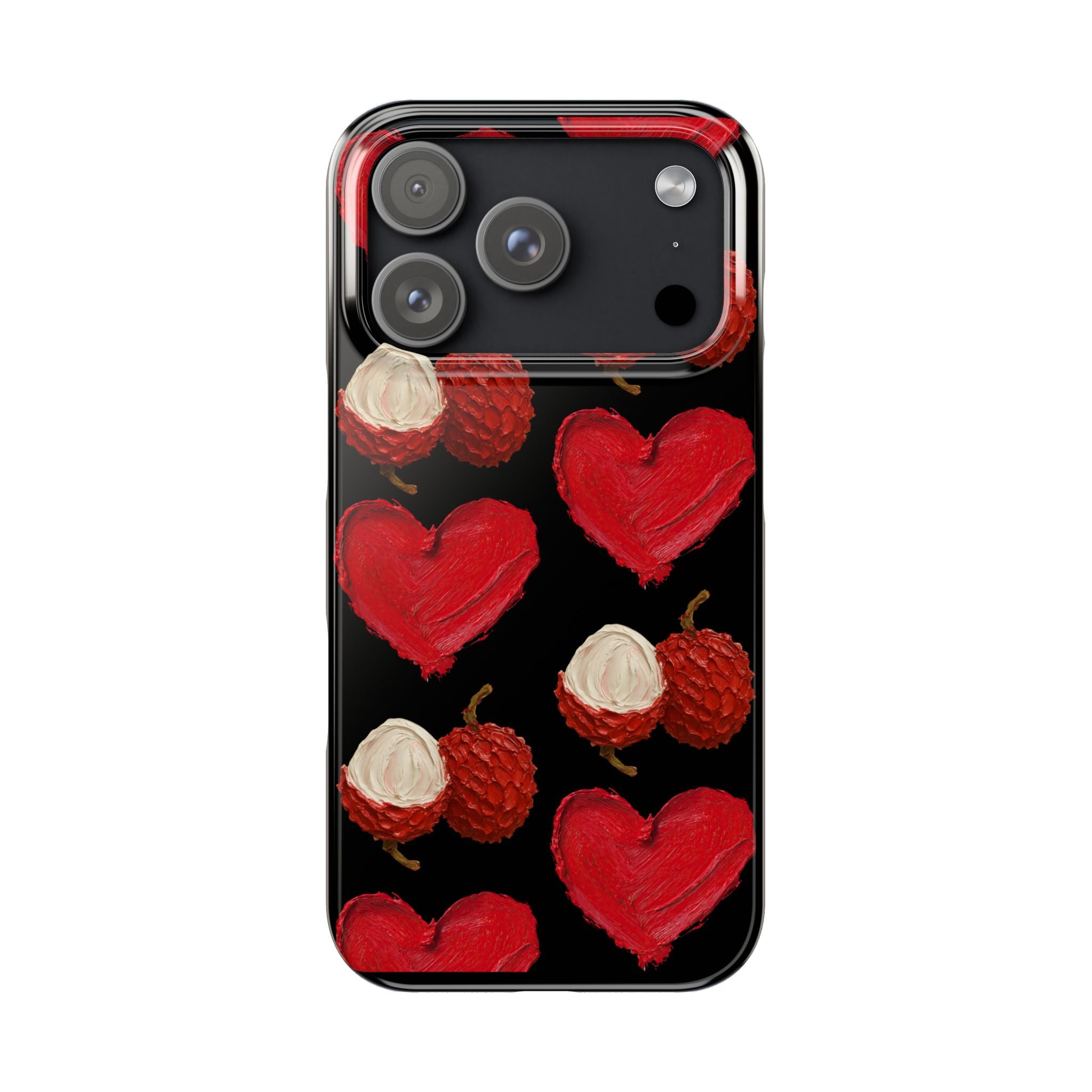 Heart & Lychee Slim Phone Case — Romantic Fruit Pattern on Black