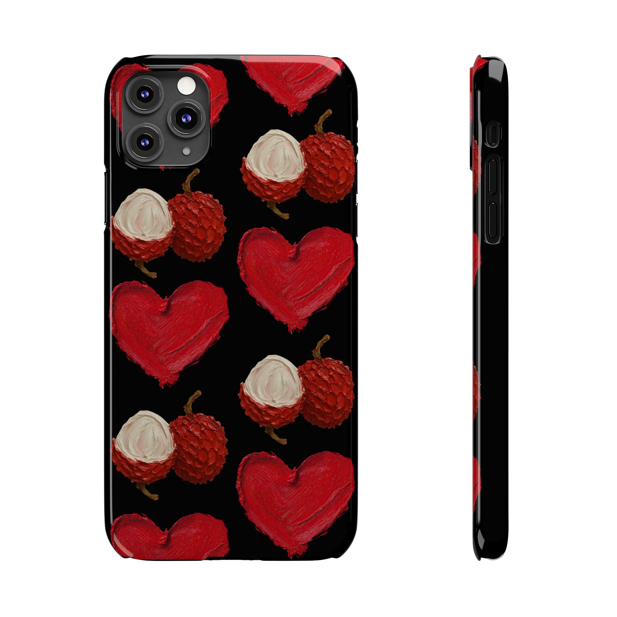 Heart & Lychee Slim Phone Case — Romantic Fruit Pattern on Black