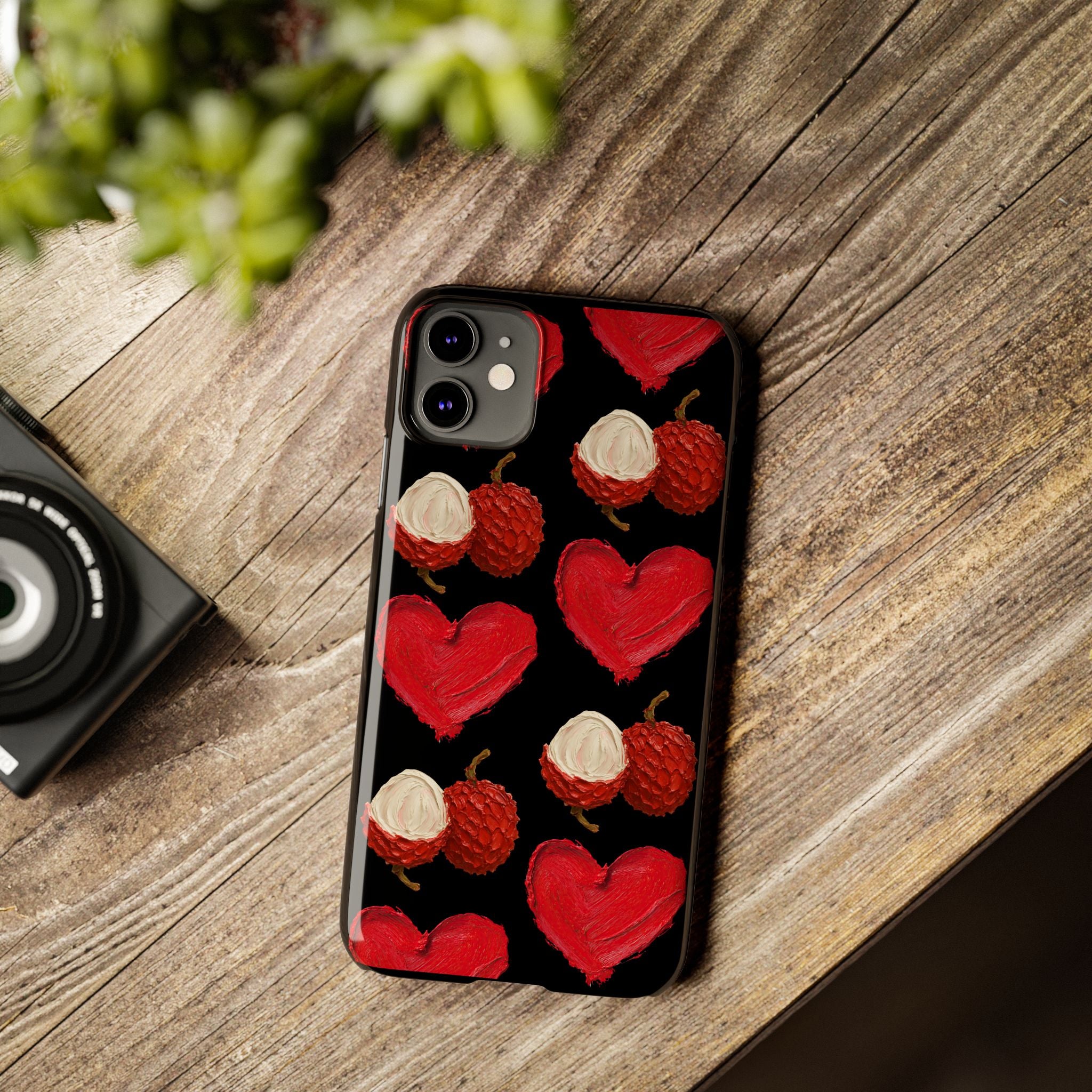 Heart & Lychee Slim Phone Case — Romantic Fruit Pattern on Black