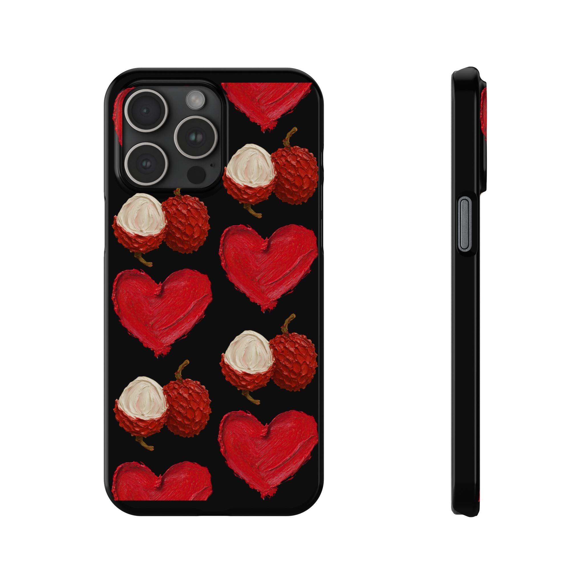 Heart & Lychee Slim Phone Case — Romantic Fruit Pattern on Black