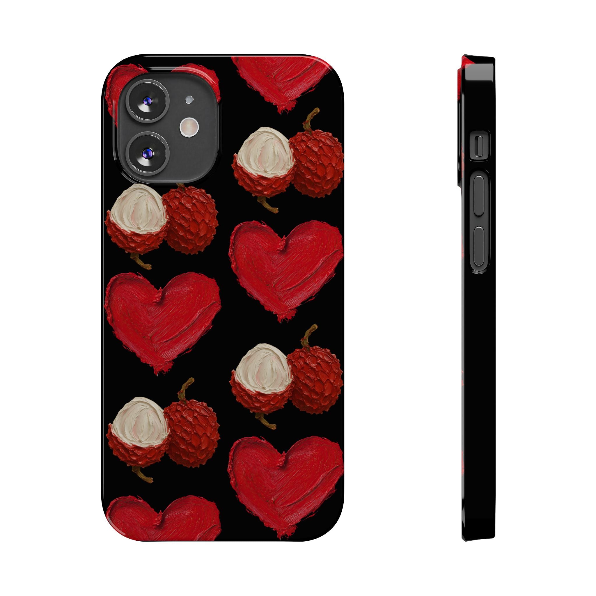 Heart & Lychee Slim Phone Case — Romantic Fruit Pattern on Black