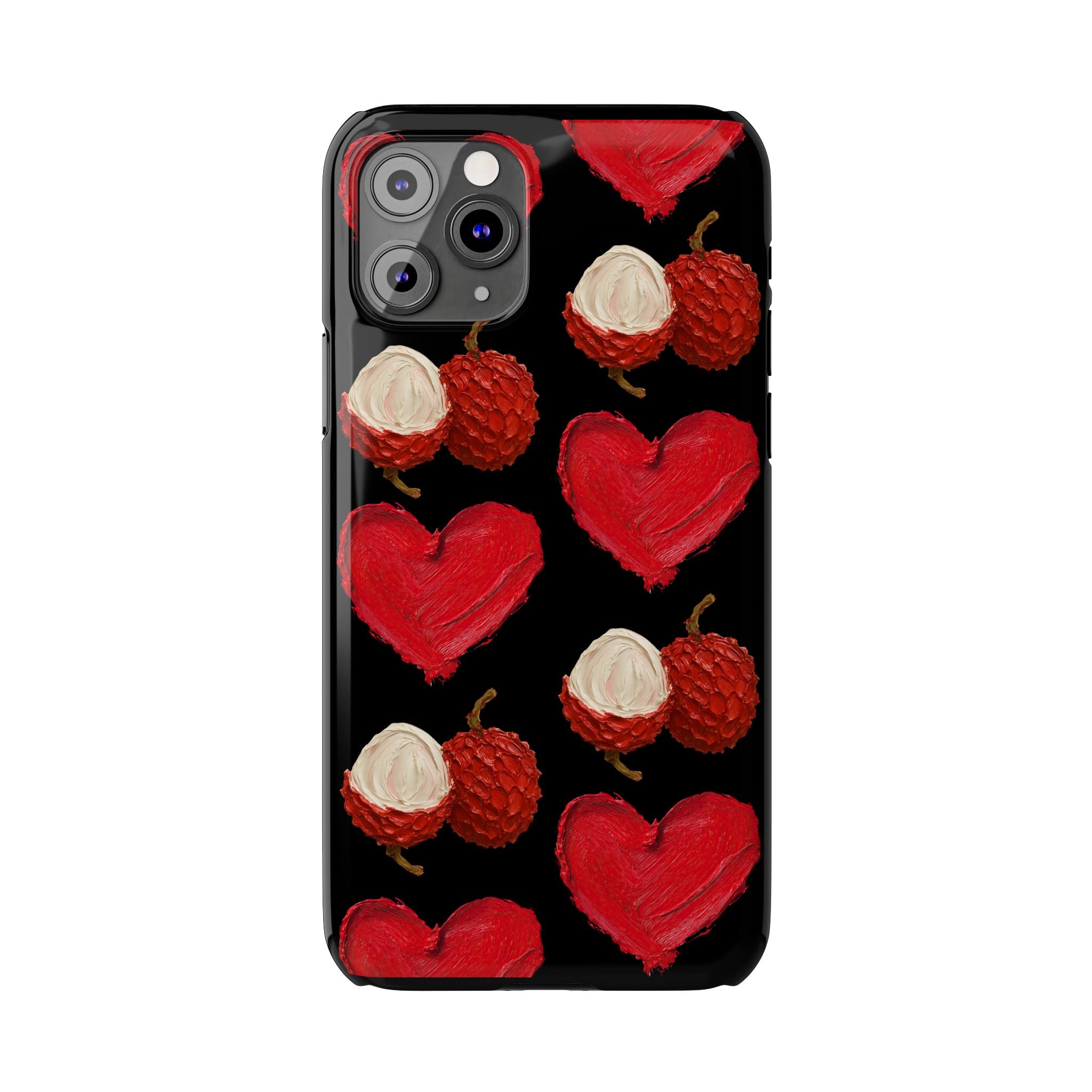 Heart & Lychee Slim Phone Case — Romantic Fruit Pattern on Black