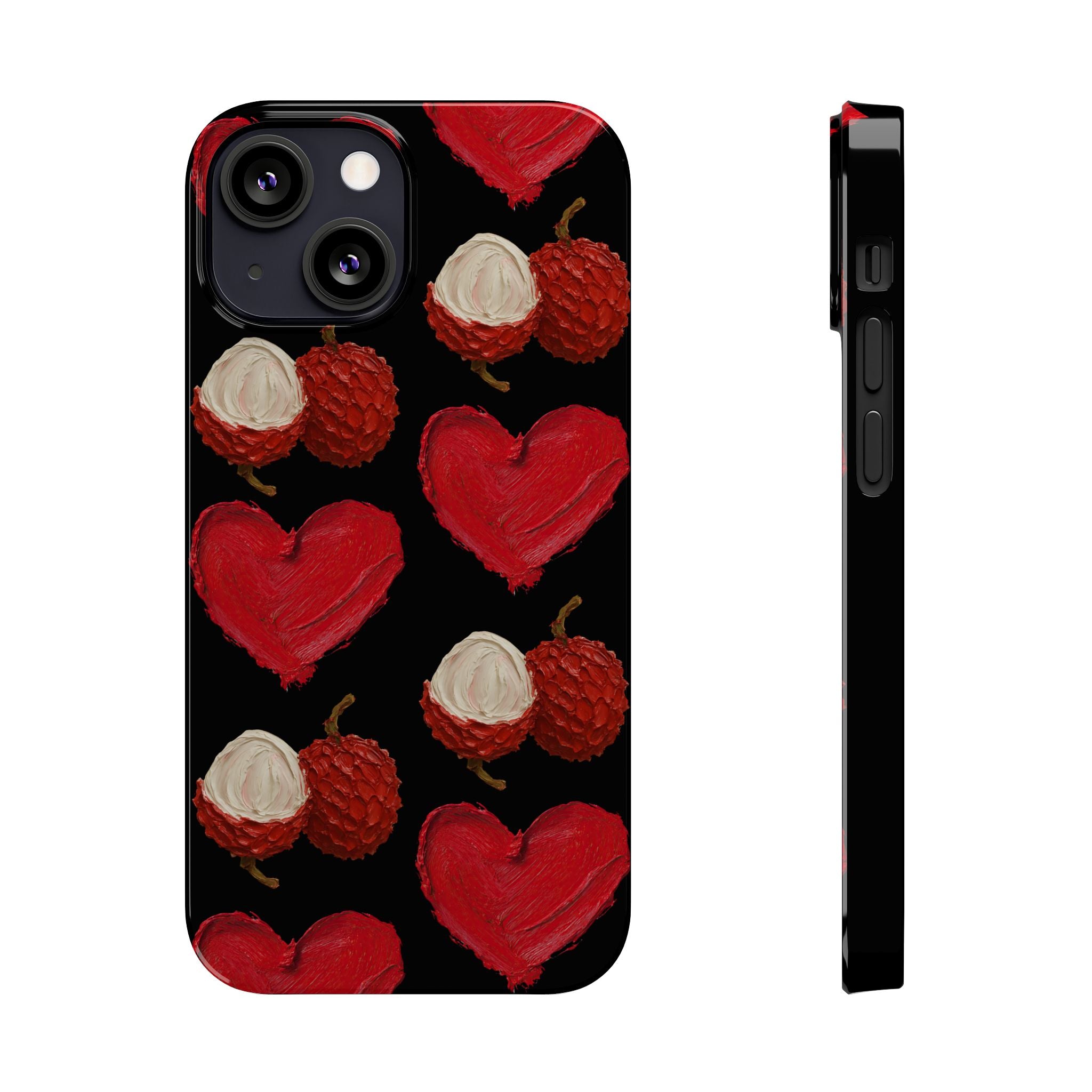 Heart & Lychee Slim Phone Case — Romantic Fruit Pattern on Black