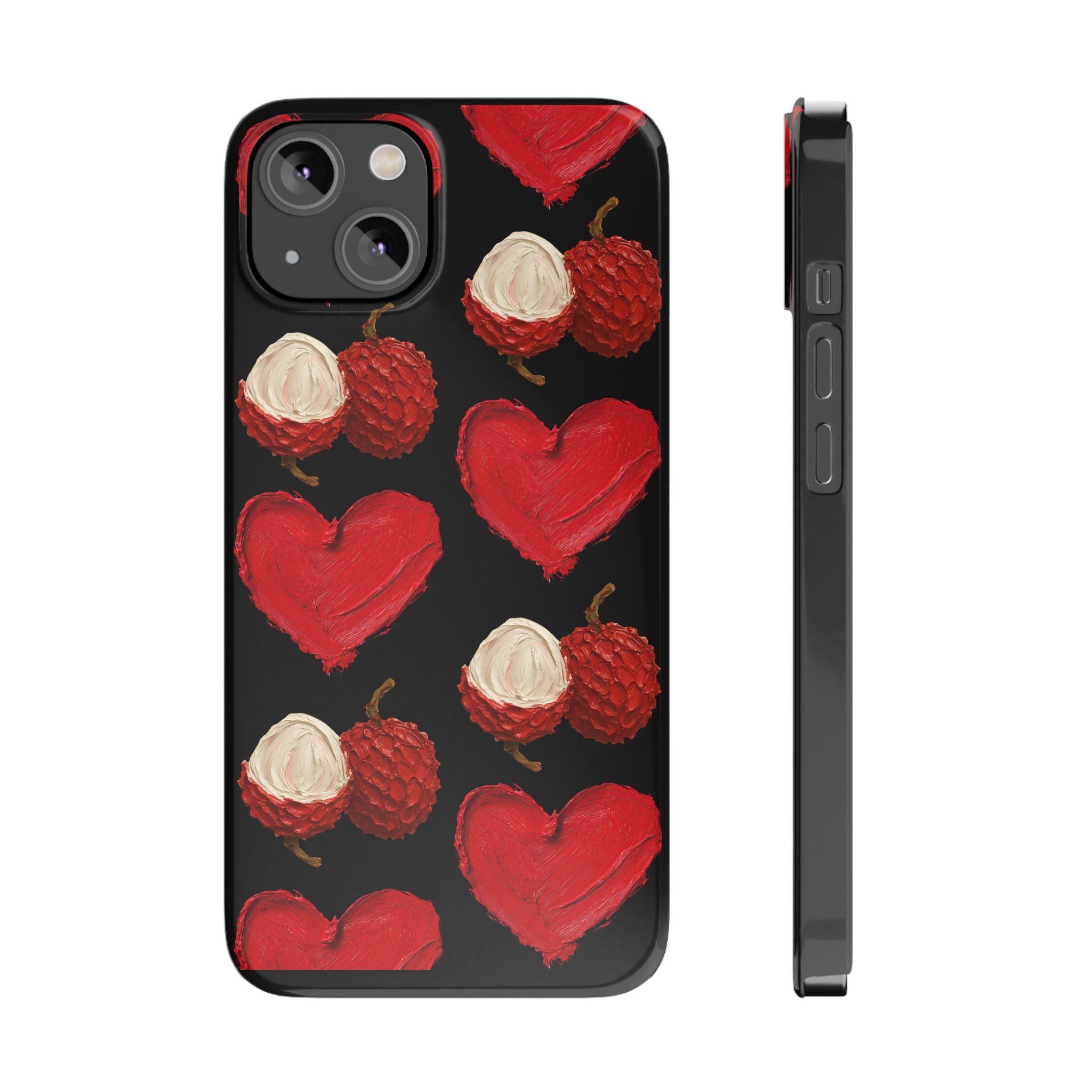 Heart & Lychee Slim Phone Case — Romantic Fruit Pattern on Black