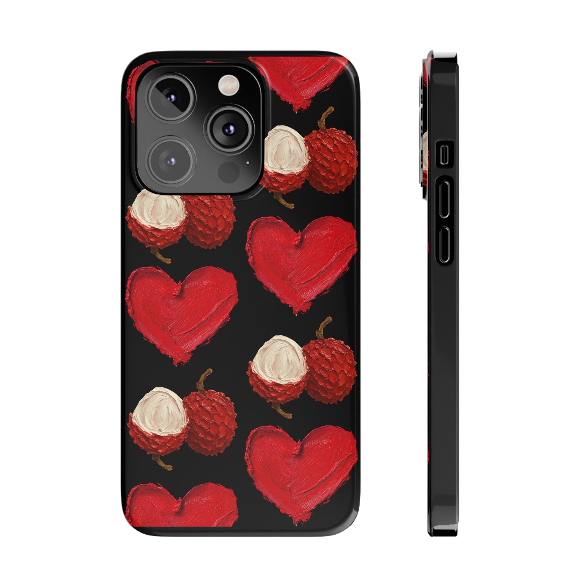 Heart & Lychee Slim Phone Case — Romantic Fruit Pattern on Black