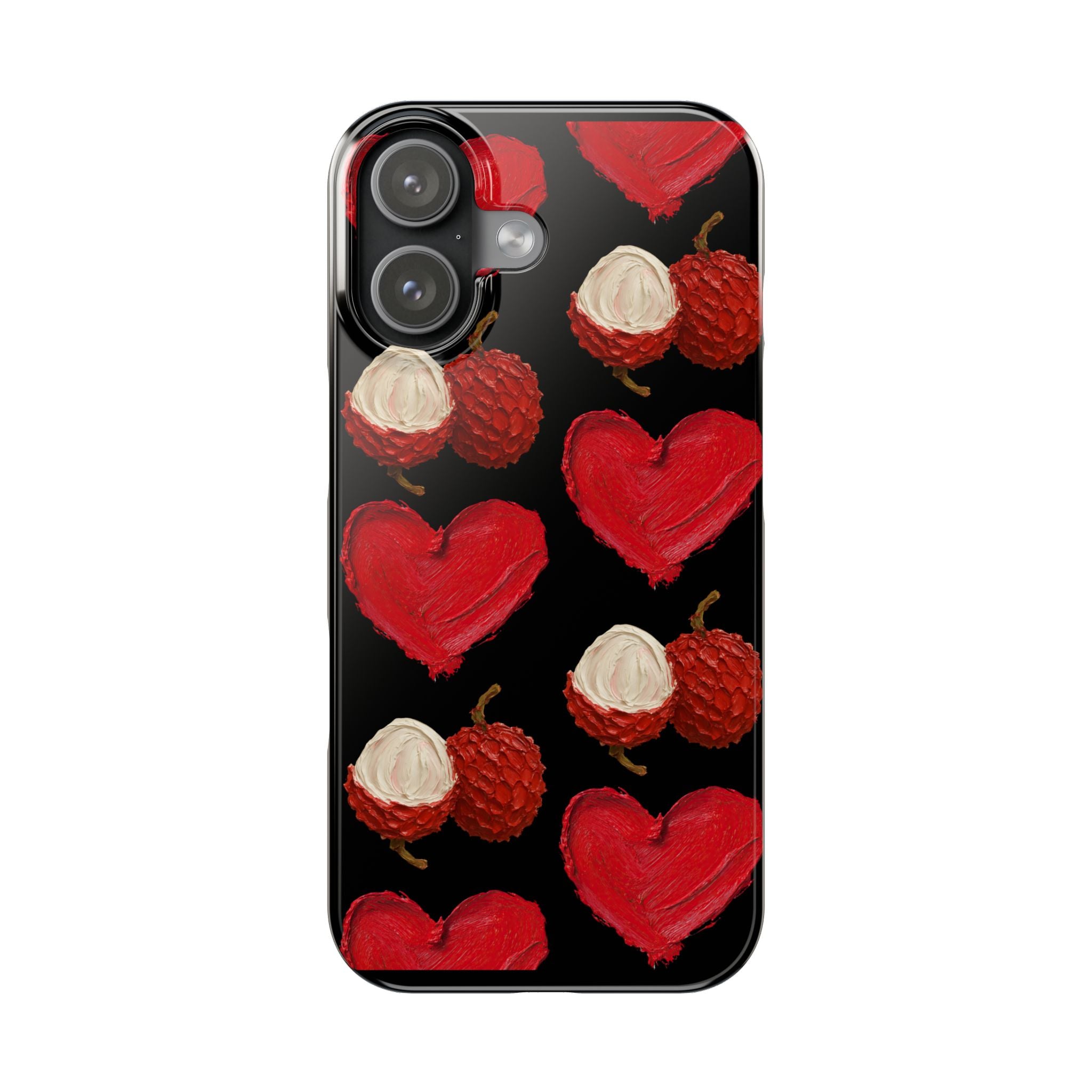 Heart & Lychee Slim Phone Case — Romantic Fruit Pattern on Black