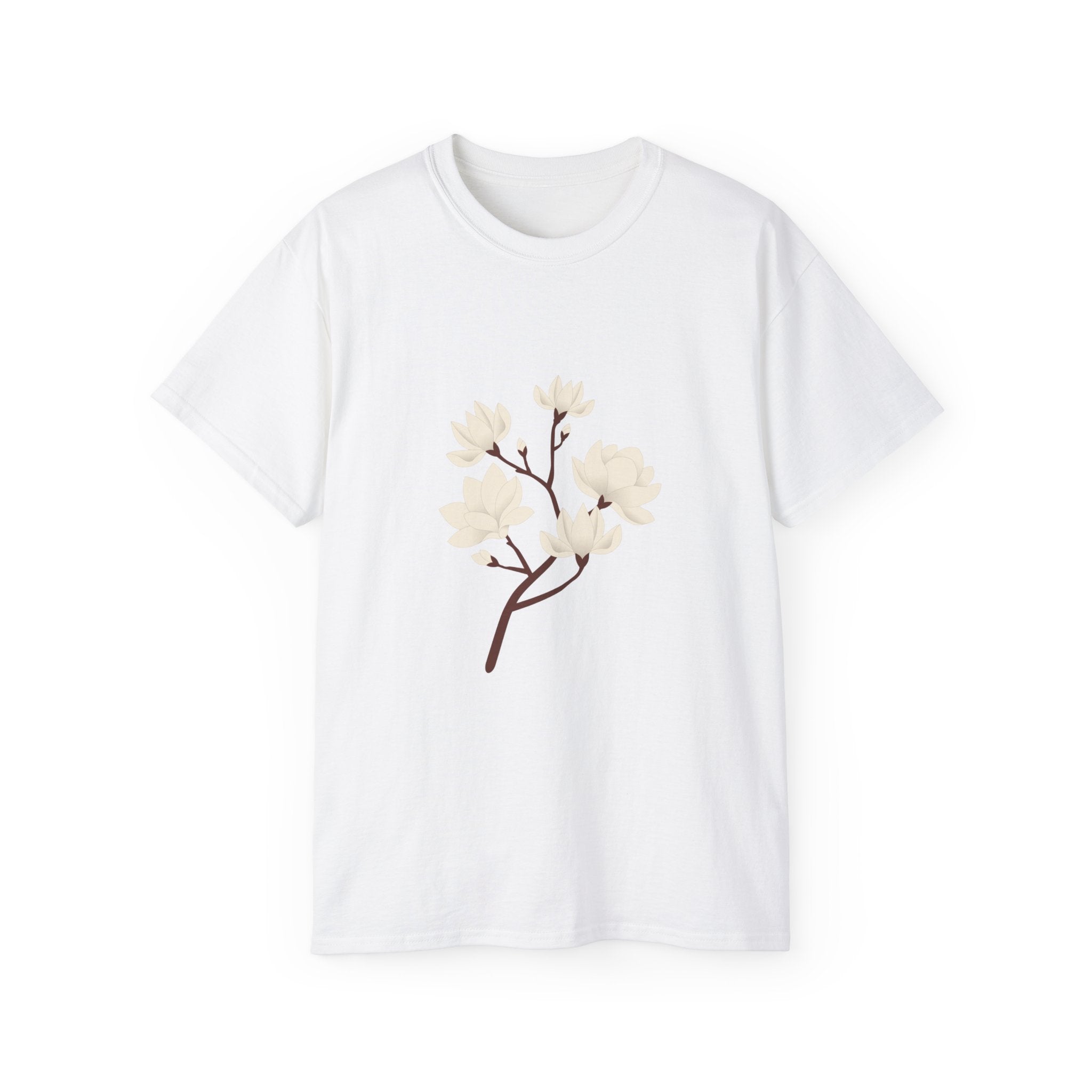 Floral Magnolia Tee — Minimal White Blossom Graphic Shirt