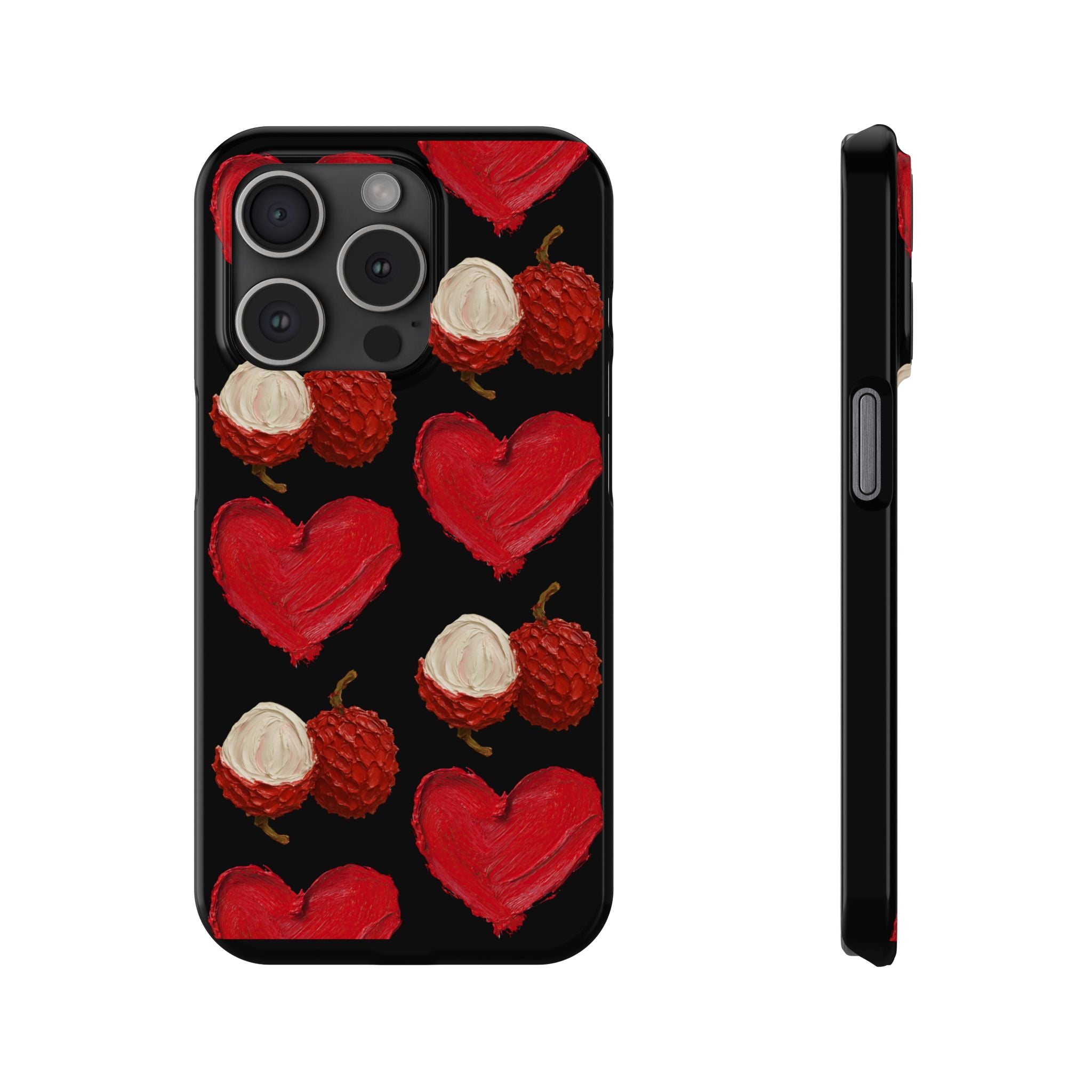 Heart & Lychee Slim Phone Case — Romantic Fruit Pattern on Black