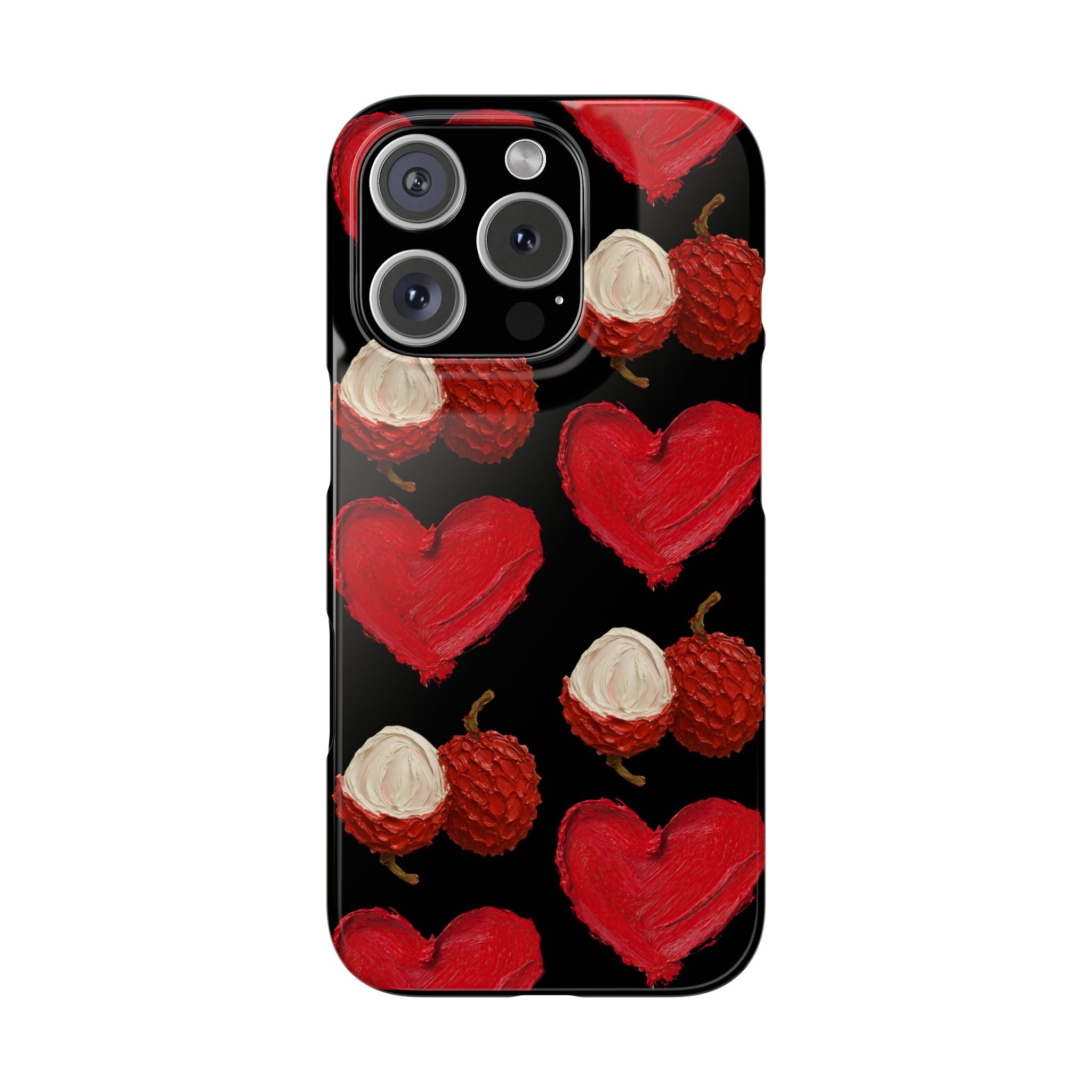 Heart & Lychee Slim Phone Case — Romantic Fruit Pattern on Black