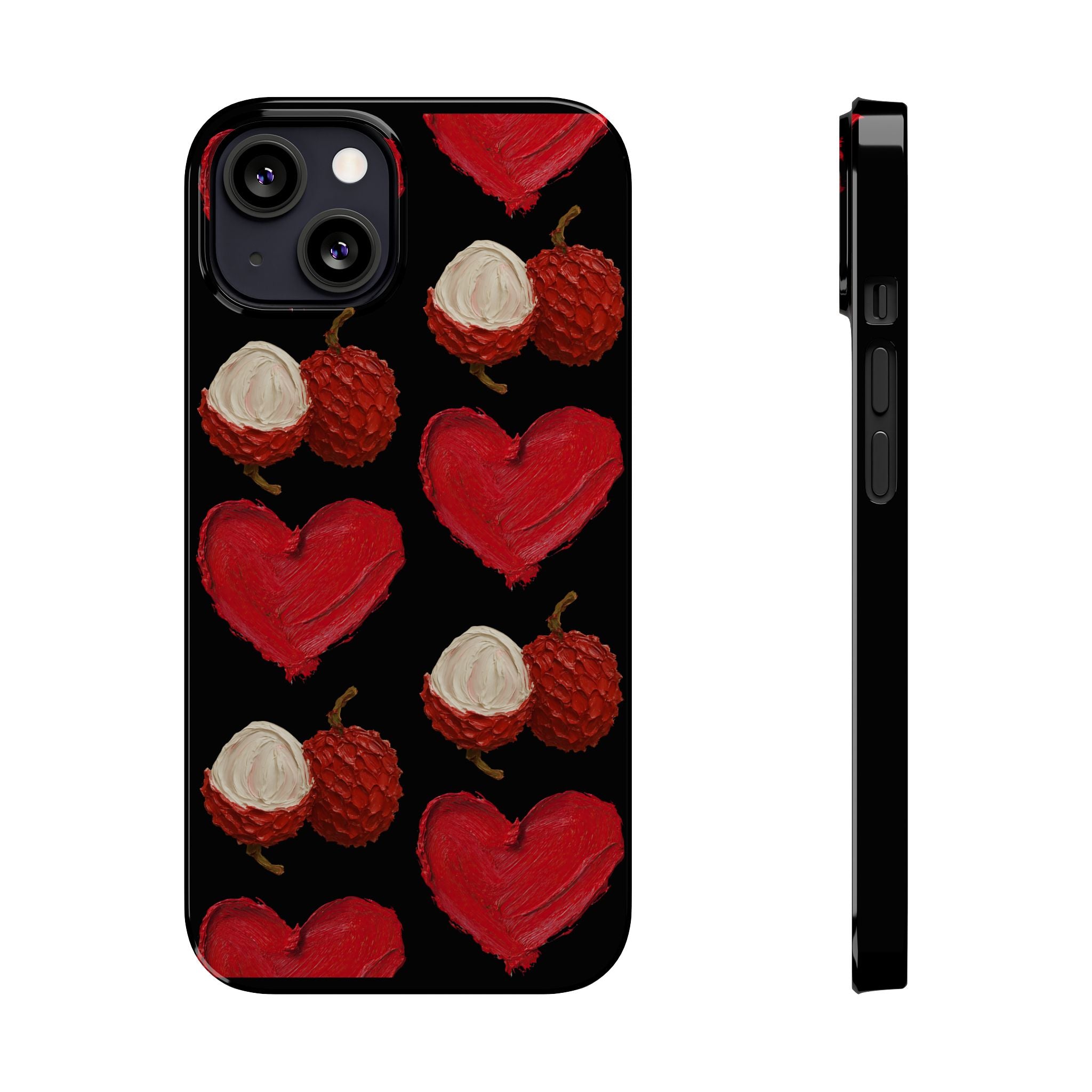 Heart & Lychee Slim Phone Case — Romantic Fruit Pattern on Black
