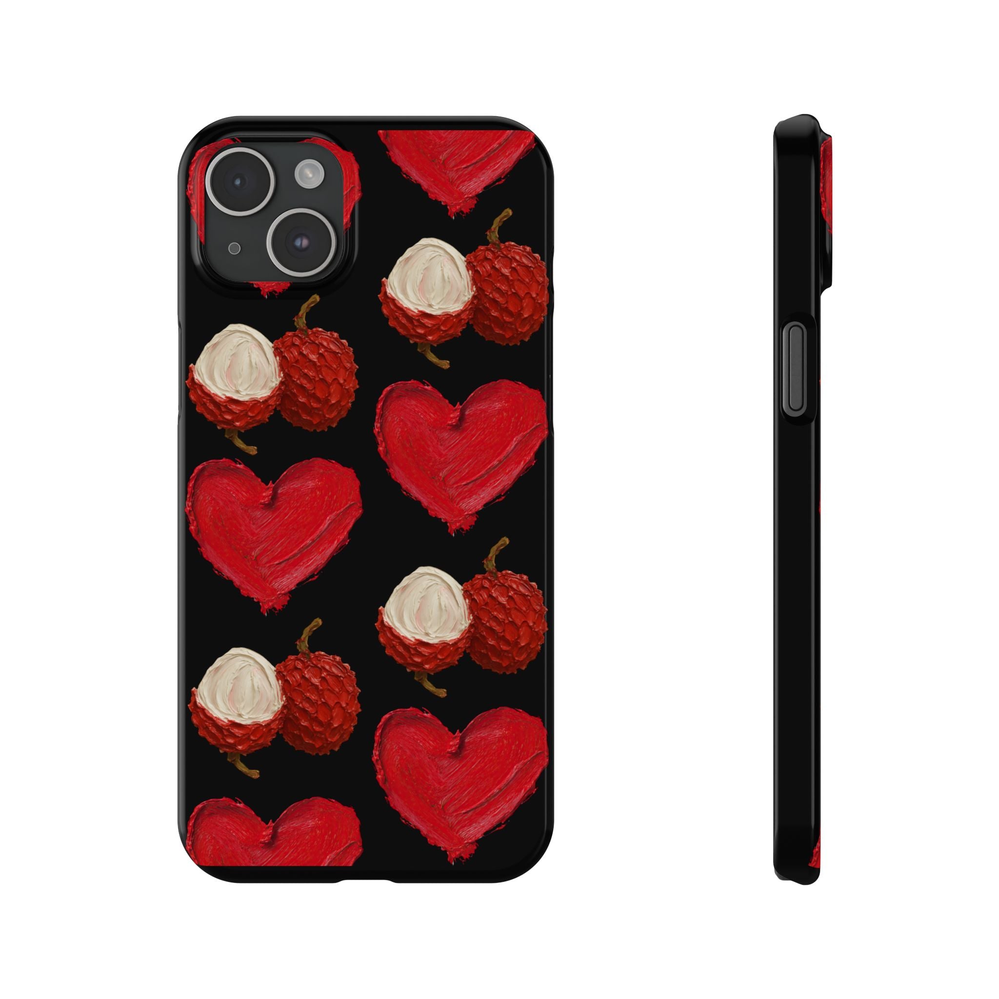 Heart & Lychee Slim Phone Case — Romantic Fruit Pattern on Black