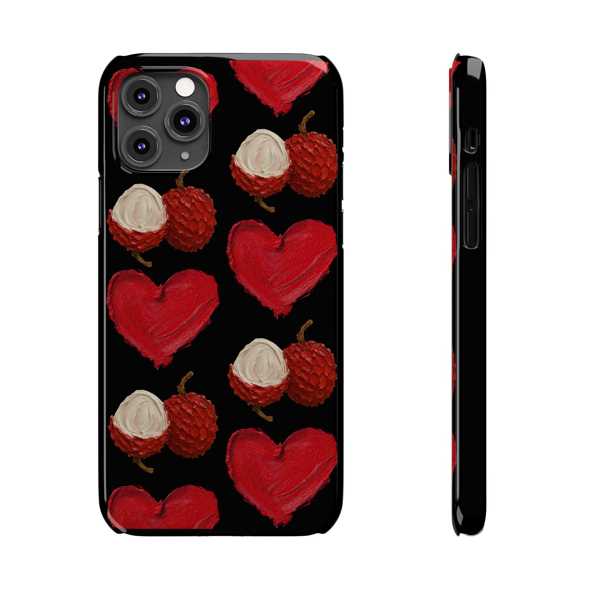 Heart & Lychee Slim Phone Case — Romantic Fruit Pattern on Black