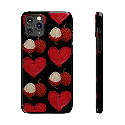 Heart & Lychee Slim Phone Case — Romantic Fruit Pattern on Black