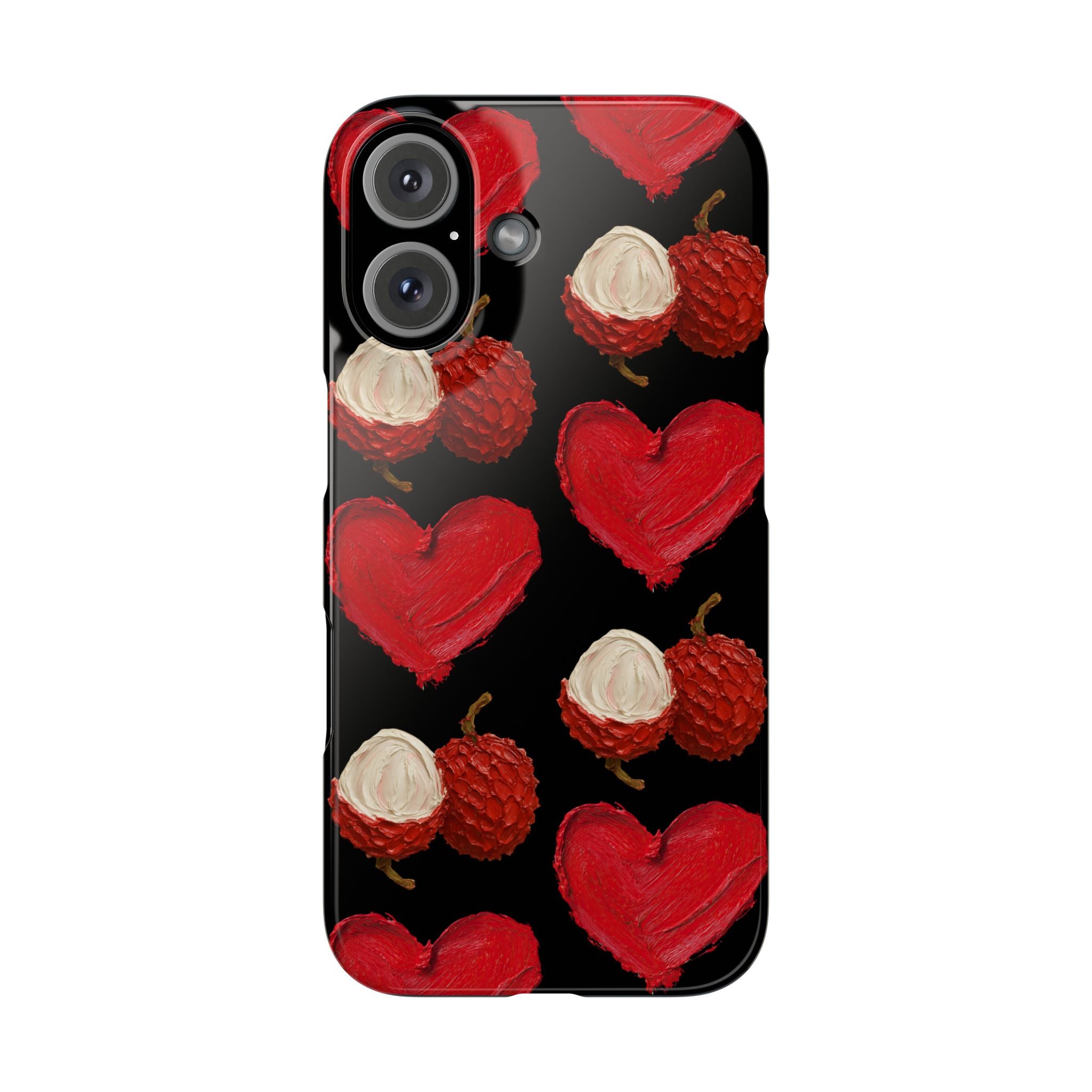 Heart & Lychee Slim Phone Case — Romantic Fruit Pattern on Black
