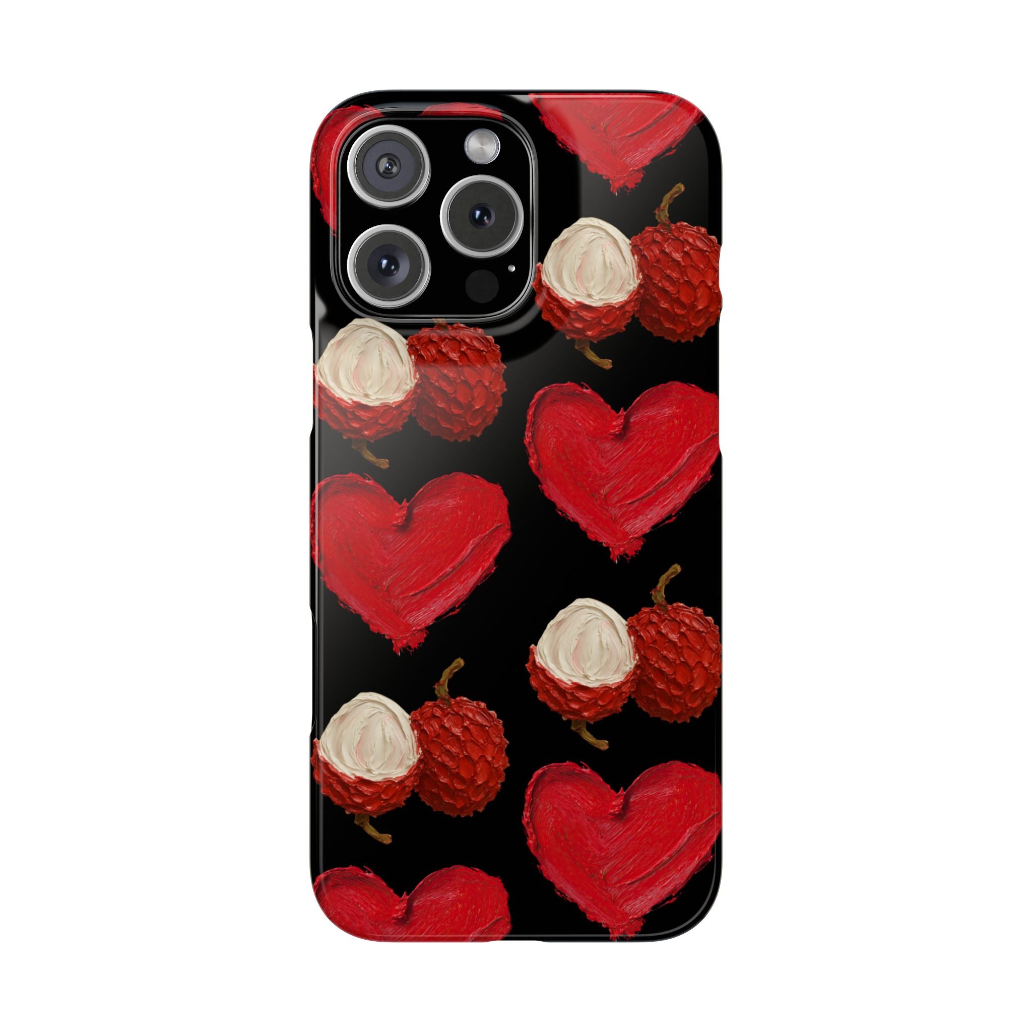 Heart & Lychee Slim Phone Case — Romantic Fruit Pattern on Black