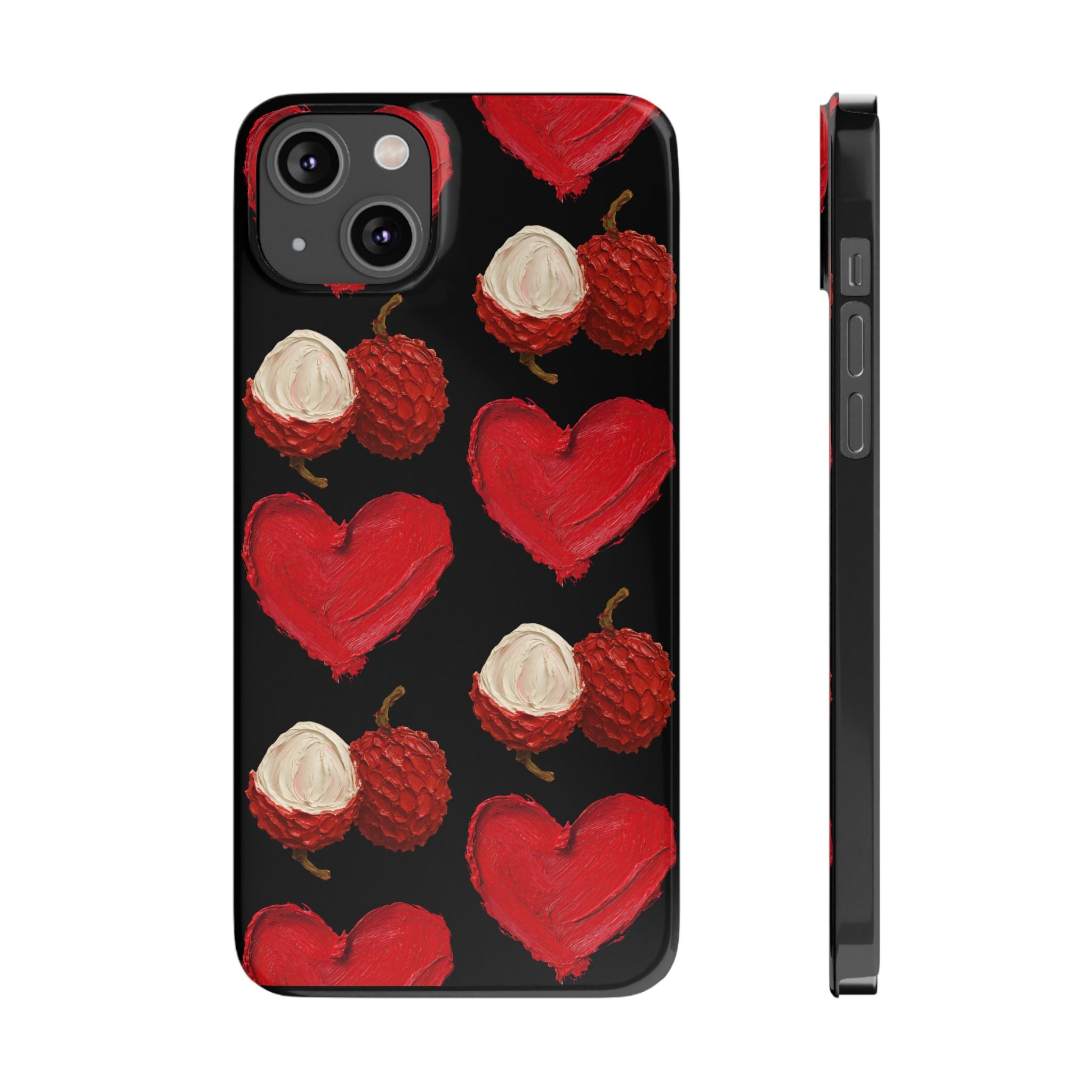 Heart & Lychee Slim Phone Case — Romantic Fruit Pattern on Black