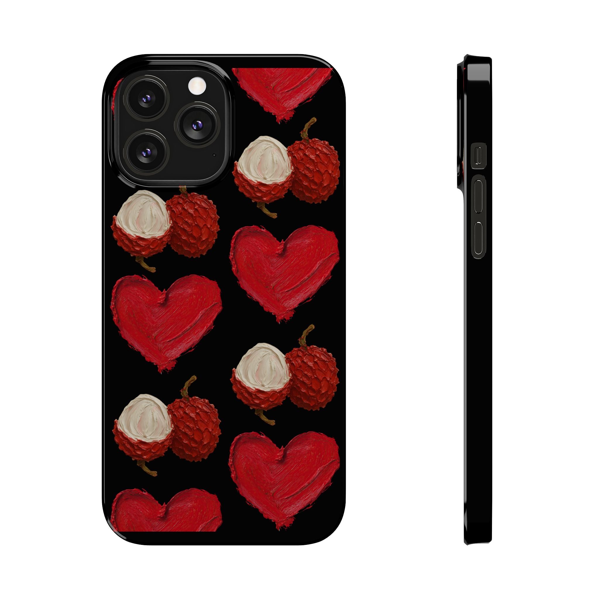 Heart & Lychee Slim Phone Case — Romantic Fruit Pattern on Black