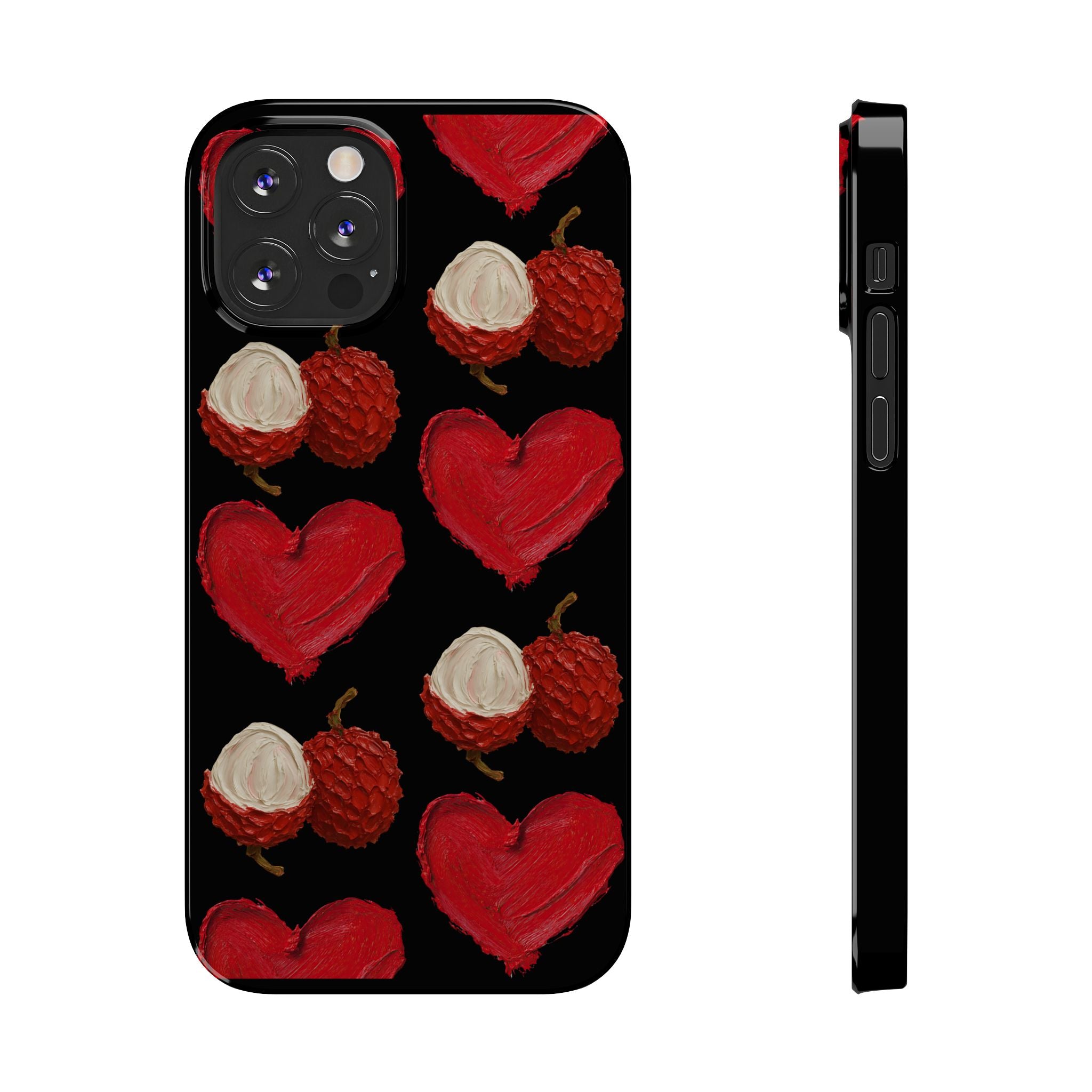 Heart & Lychee Slim Phone Case — Romantic Fruit Pattern on Black