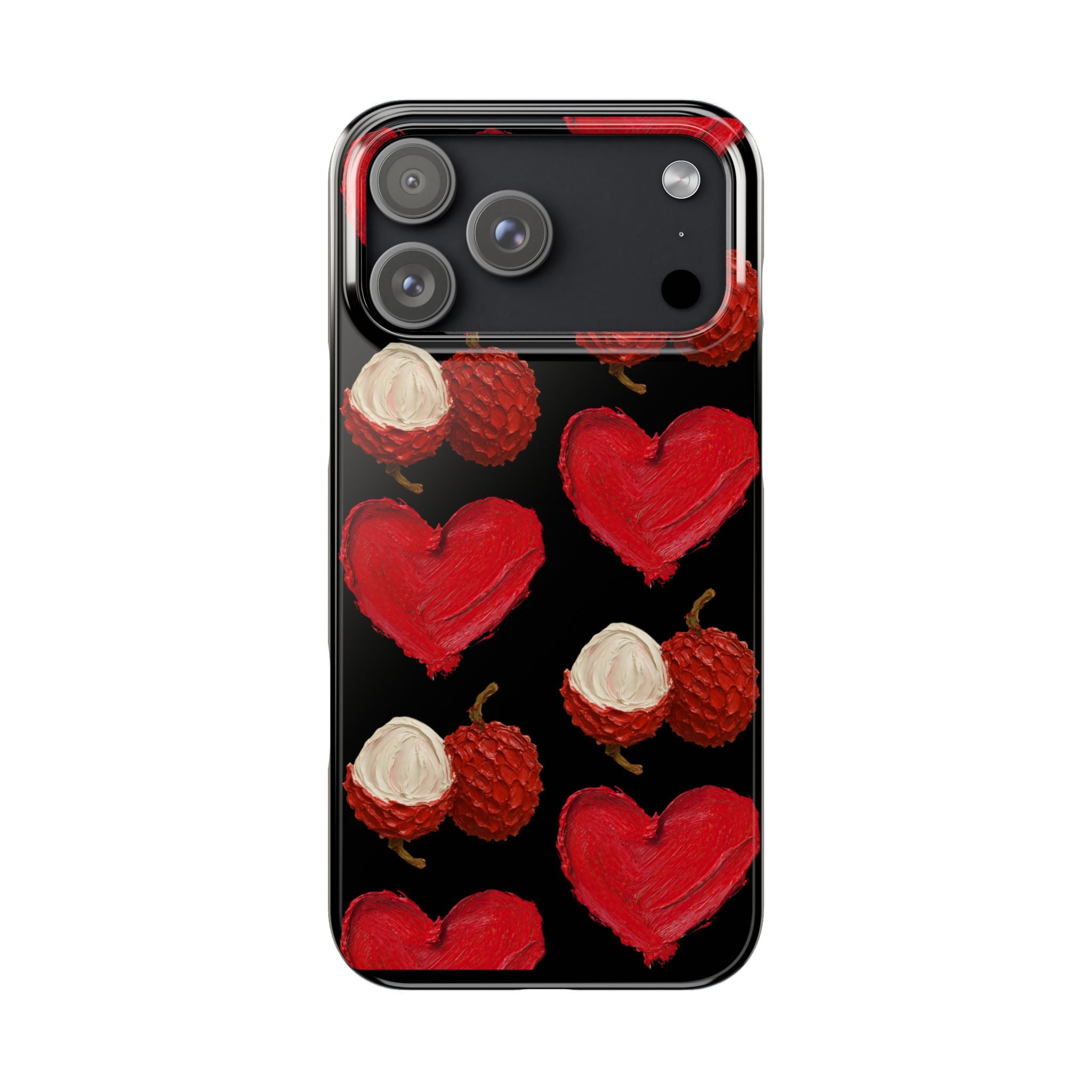 Heart & Lychee Slim Phone Case — Romantic Fruit Pattern on Black