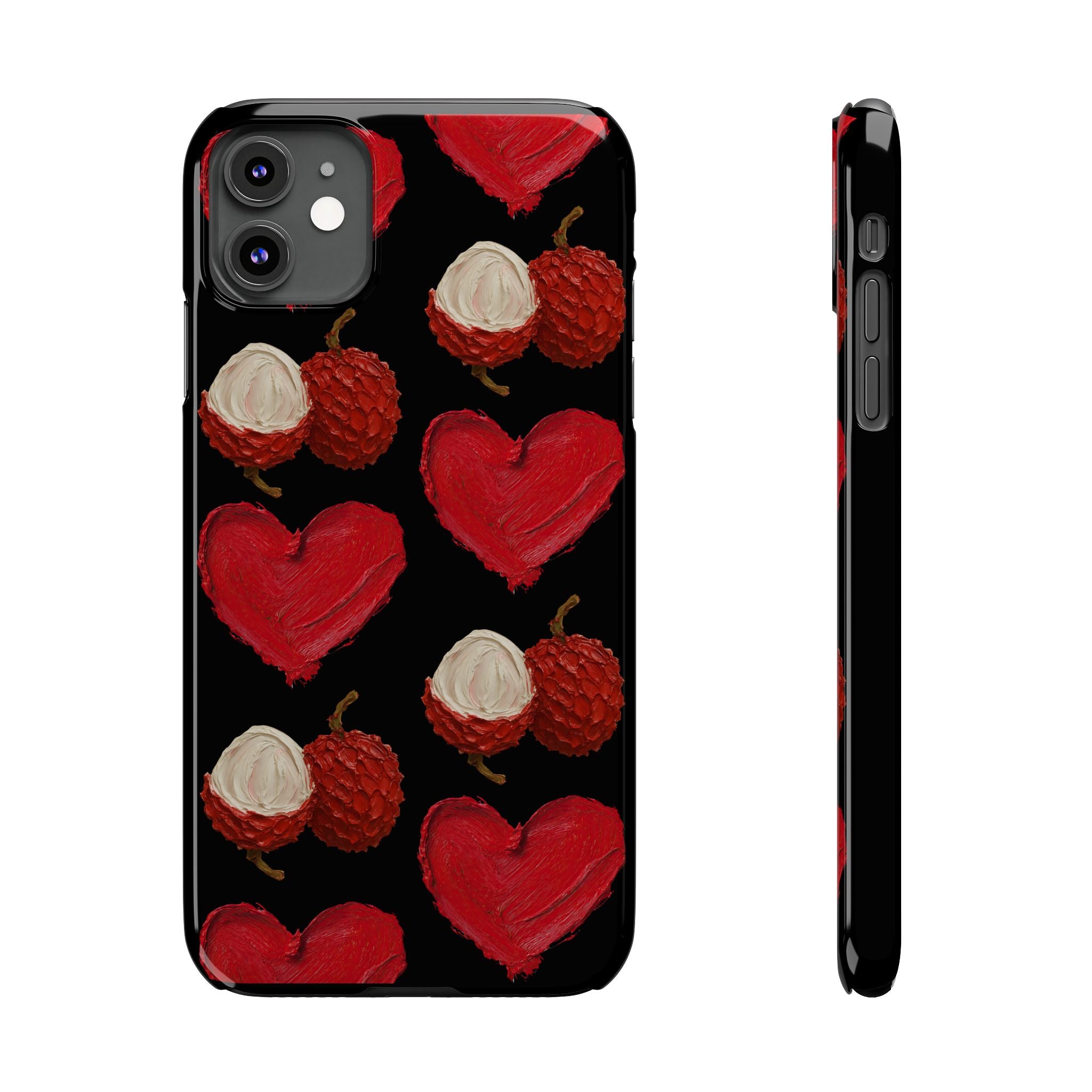 Heart & Lychee Slim Phone Case — Romantic Fruit Pattern on Black