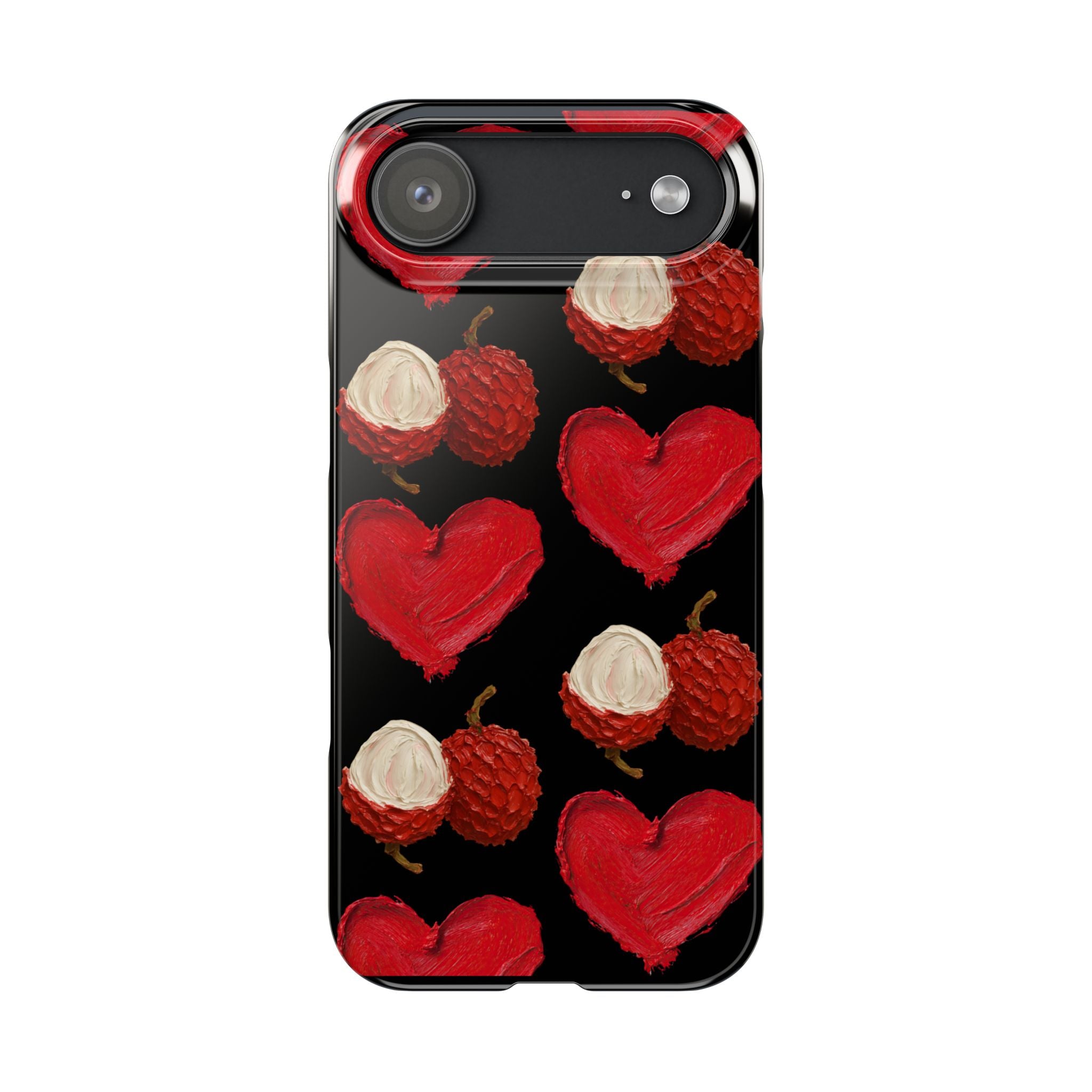 Heart & Lychee Slim Phone Case — Romantic Fruit Pattern on Black